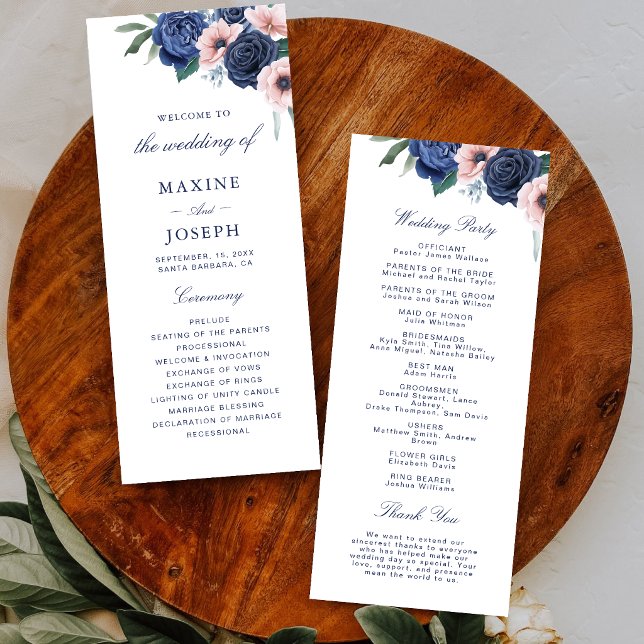 Navy Blue & Blush Floral Wedding Program (Navy blue and blush floral wedding program guides guests with elegant style.)