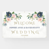 Navy Blue Blush Flowers Wedding Welcome Sign