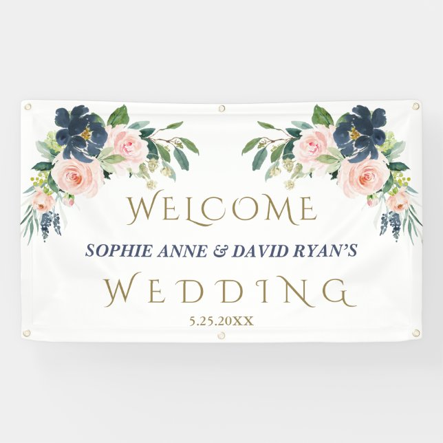 Navy Blue Blush Flowers Wedding Welcome Sign (Horizontal)