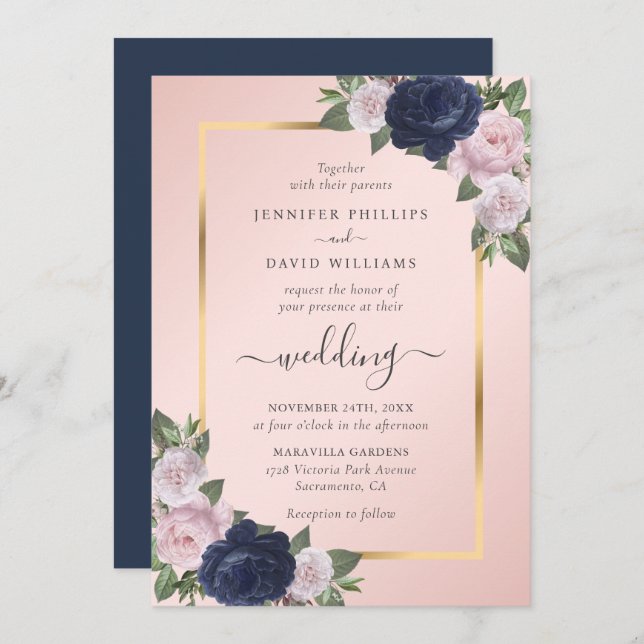 Navy Blue Blush Gold Floral Wedding Invitation (Front/Back)