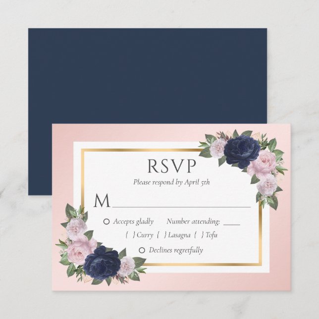 Navy Blue Blush Gold Floral Wedding RSVP Cards (Front/Back)