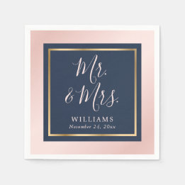 Navy Blue Blush Gold Mr and Mrs Wedding Napkin