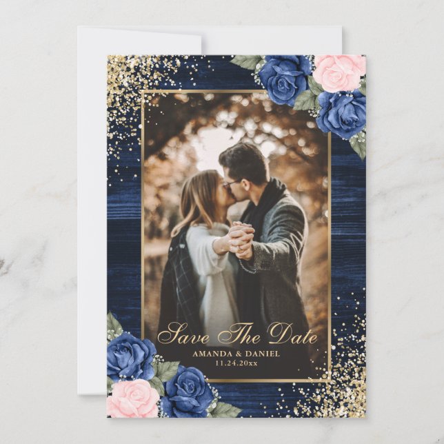 Navy Blue Blush Gold Wood Floral Wedding Photo Save The Date (Front)