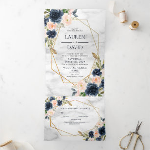 Navy Blue Blush Marble Geometric Floral Tri-Fold Invitation