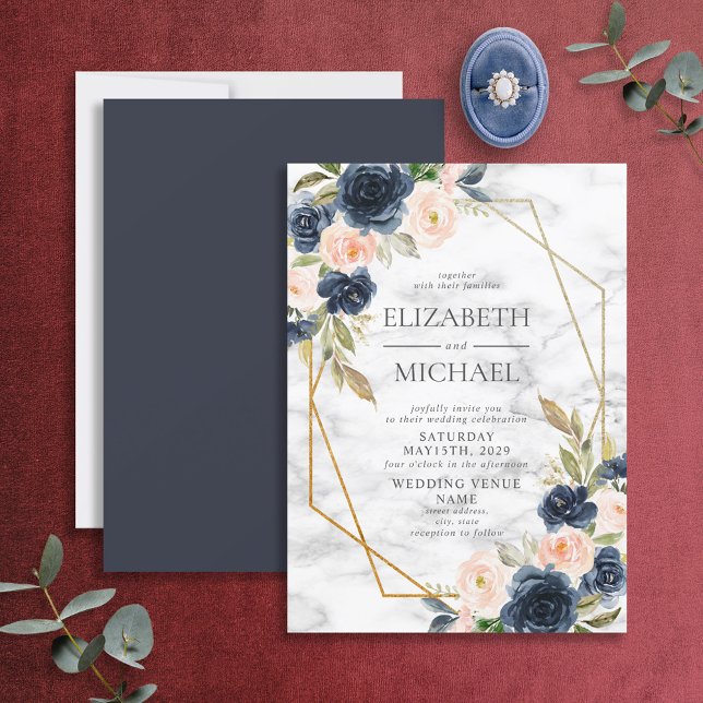 Navy Blue Blush Marble Geometric Floral Wedding Invitation (Creator Uploaded)