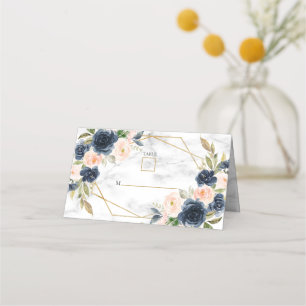 Navy Blue Blush Marble Geometric Floral Wedding Place Card