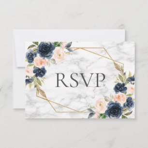 Navy Blue Blush Marble Geometric Floral Wedding RSVP Card