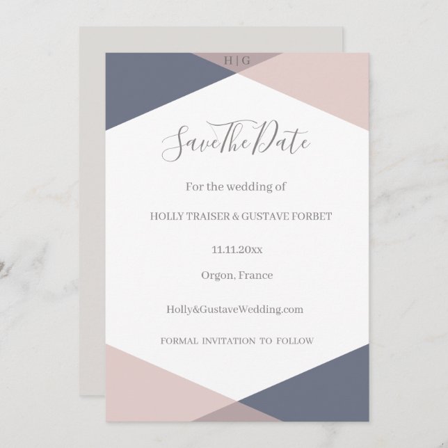 Navy Blue Blush Monogram Save The Date Wedding Invitation (Front/Back)