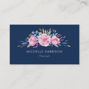 Navy Blue Blush Pink Bouquet Floral Watercolor Business Card