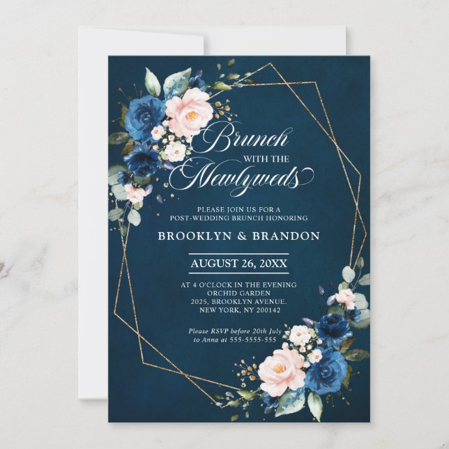 Navy Blue Blush Pink Brunch with the newly weds In Invitation (Front)