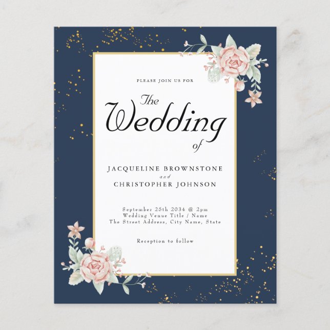 Navy Blue Blush Pink Budget Wedding Invitation Fly Flyer (Front)