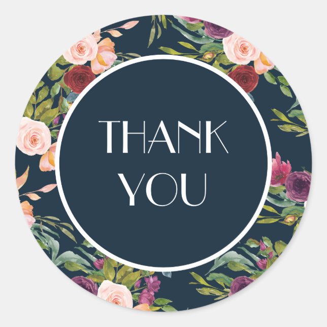 Navy Blue Blush Pink Burgundy Floral Thank You Classic Round Sticker (Front)