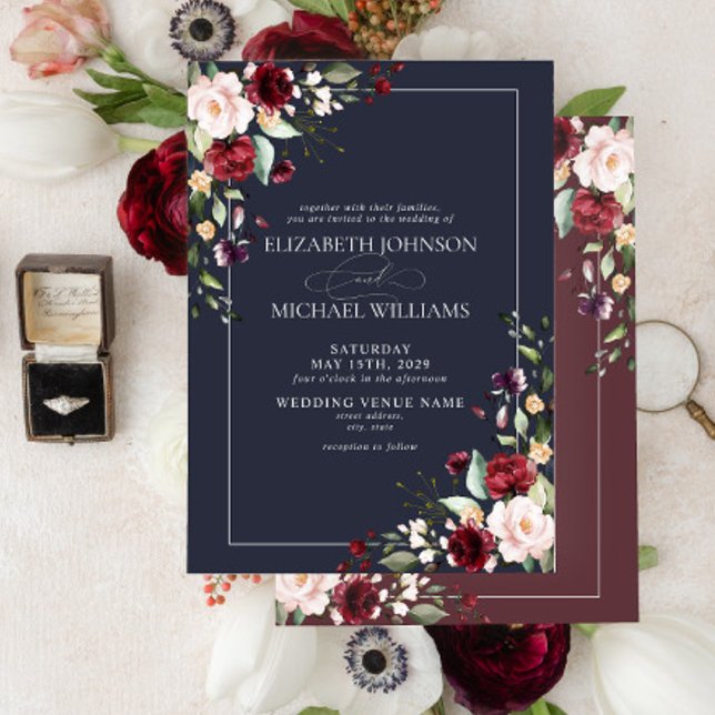 Navy Blue Blush Pink Burgundy Red Floral Wedding Invitation (Creator Uploaded)