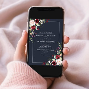 Navy Blue Blush Pink Burgundy Red Floral Wedding Invitation