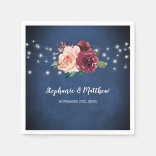 Navy Blue Blush Pink Burgundy Rose Lights Wedding Napkin