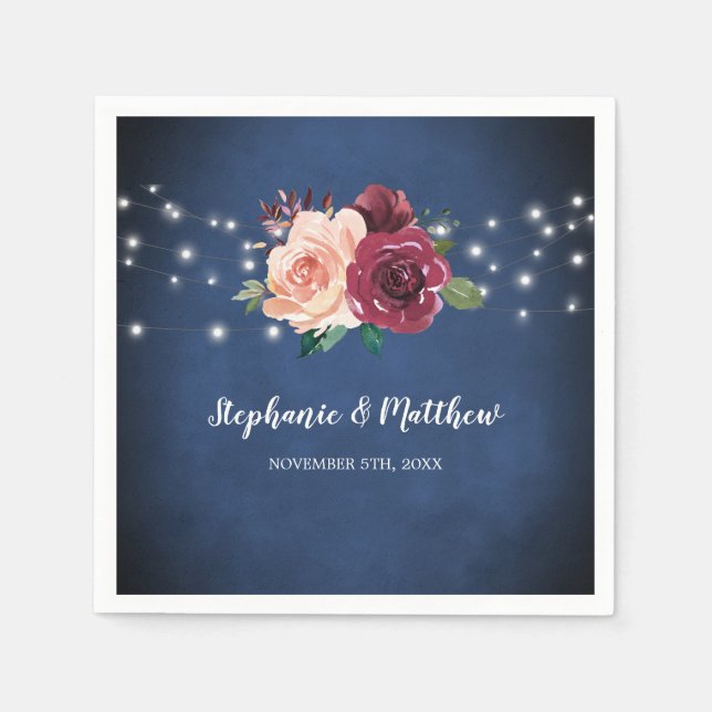 Navy Blue Blush Pink Burgundy Rose Lights Wedding Napkin (Front)