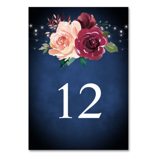 Navy Blue Blush Pink Burgundy Rose Lights Wedding Table Number (Front)