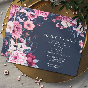 Navy Blue Blush Pink Chic Floral Birthday Dinner Invitation