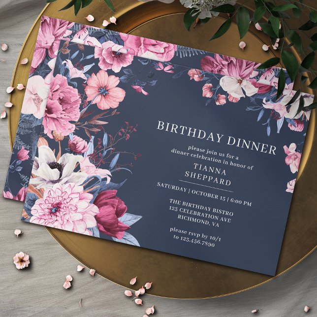 Navy Blue Blush Pink | Chic Floral Birthday Dinner Invitation (Creator Uploaded)
