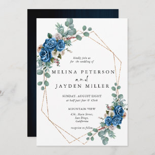 Navy Blue Blush Pink Dusty Floral  Wedding Invitation