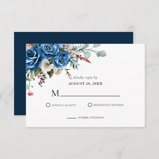 Navy Blue Blush Pink Dusty Floral Wedding  RSVP Card (Front/Back)