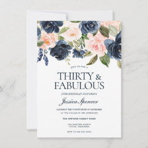 Navy Blue Blush Pink Floral 30th Birthday Party Invitation