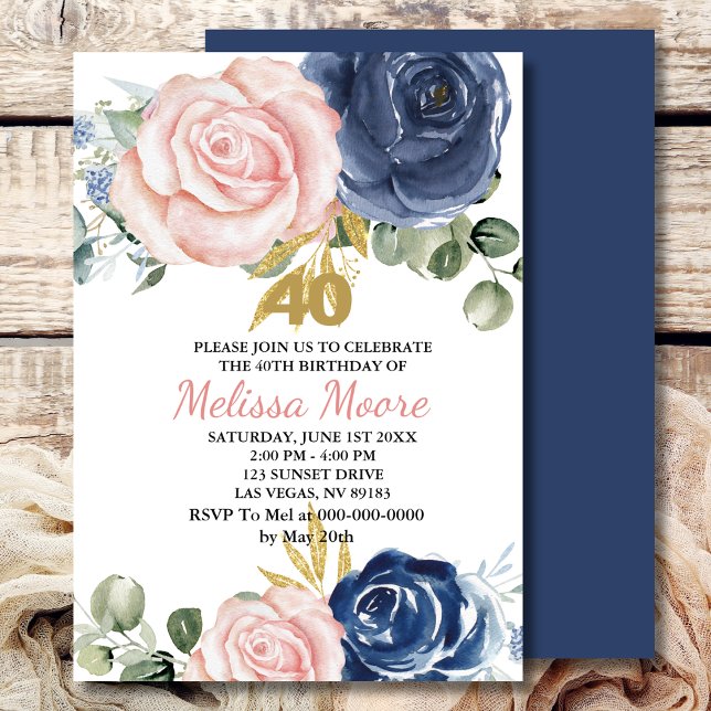 Navy blue blush pink floral 40th birthday invitation (Creator Uploaded)