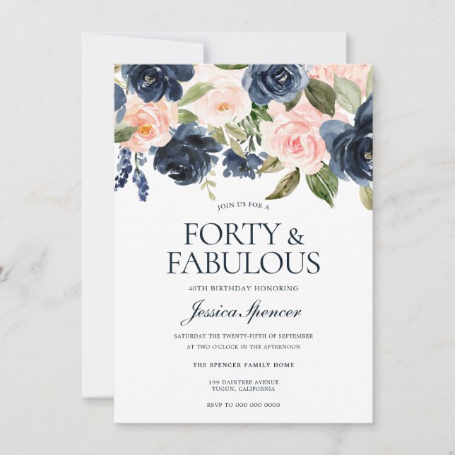 Navy Blue Blush Pink Floral 40th Birthday Party Invitation (Front)