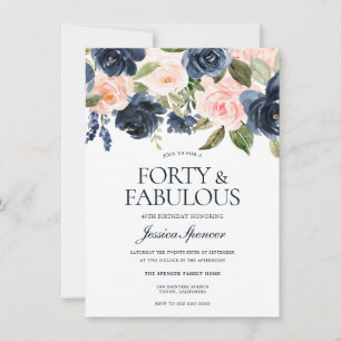 Navy Blue Blush Pink Floral 40th Birthday Party Invitation