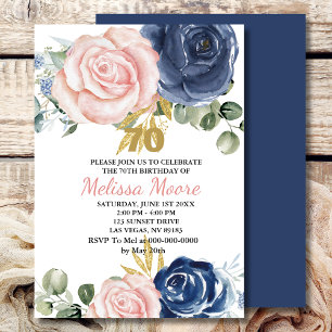 Navy blue blush pink floral 70th birthday invitation