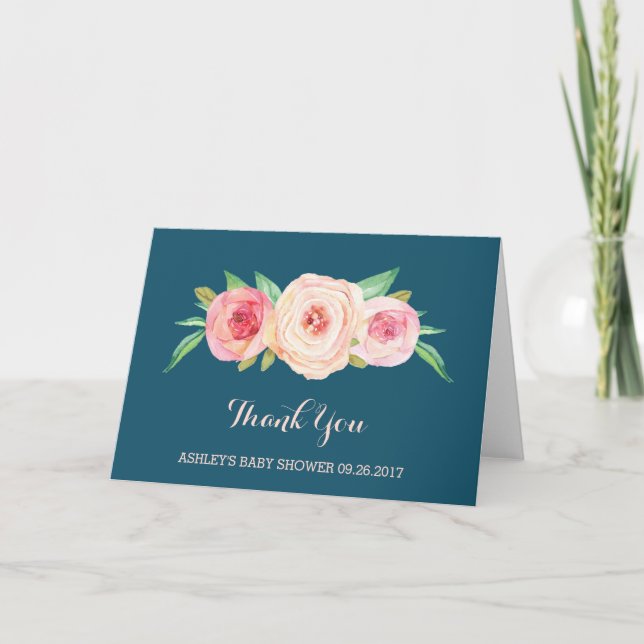 Navy Blue Blush Pink Floral Baby Shower Thank You (Front)