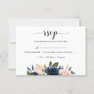 Navy Blue Blush Pink Floral Blossom Wedding RSVP