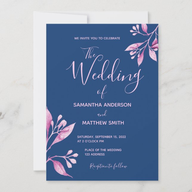 Navy blue blush pink floral botanical wedding invitation (Front)