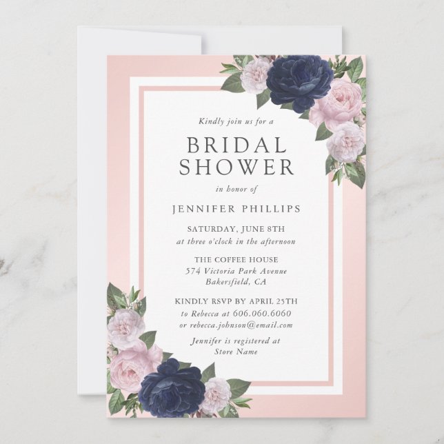 Navy Blue Blush Pink Floral Bridal Shower Invitation (Front)