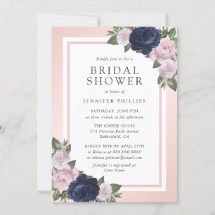 Navy Blue Blush Pink Floral Bridal Shower Invitation