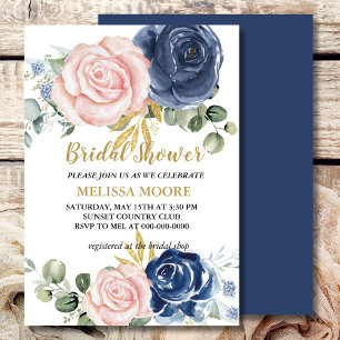 Navy Blue Blush Pink Floral Bridal Shower Invitation