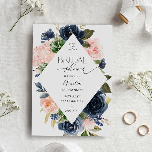 Navy Blue & Blush Pink Floral Bridal Shower Invitation