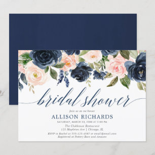 Navy blue & blush pink floral bridal shower invitation