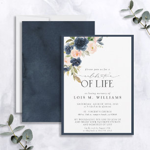 Navy Blue Blush Pink Floral Celebration of Life Invitation