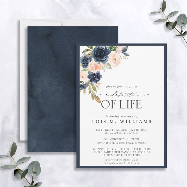 Navy Blue Blush Pink Floral Celebration of Life Invitation (Creator Uploaded)
