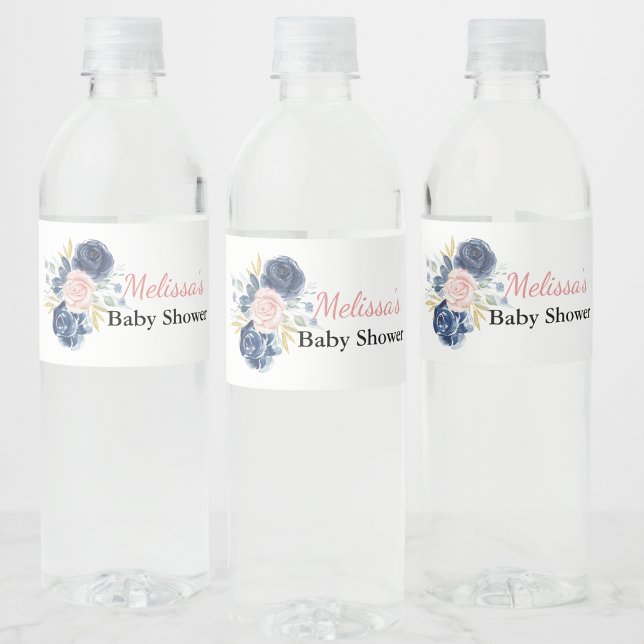 Navy blue blush pink floral custom water bottle label (Creator Uploaded)