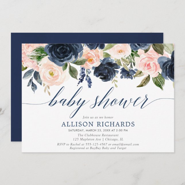 Navy blue & blush pink floral elegant baby shower invitation (Front/Back)