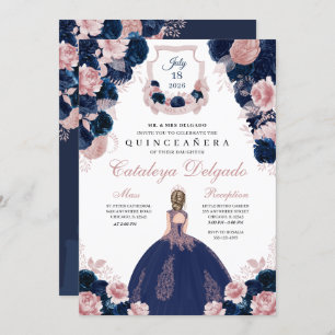 Navy Blue & Blush Pink Floral Elegant Quinceañera Invitation