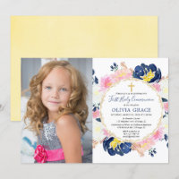 Navy blue blush pink floral first communion photo