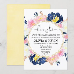 Navy blue blush pink floral gender reveal invitation