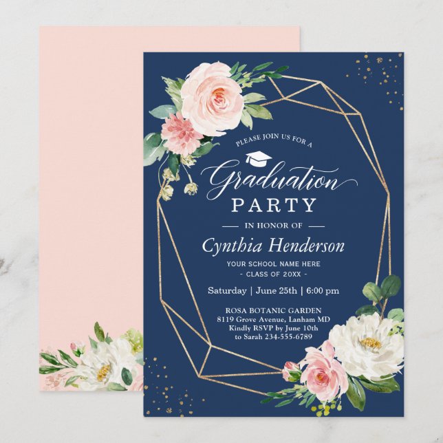 Navy Blue Blush Pink Floral Geometric Graduation Invitation (Front/Back)