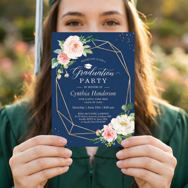 Navy Blue Blush Pink Floral Geometric Graduation Invitation (Creator Uploaded)