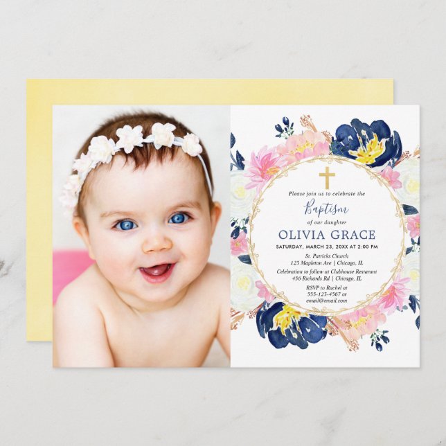 Navy blue blush pink floral girl baptism photo invitation (Front/Back)