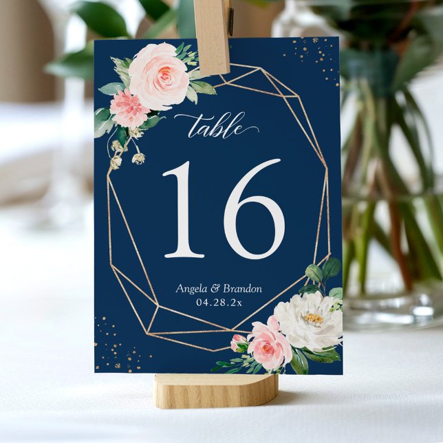 Navy Blue Blush Pink Floral Gold Frame Wedding Table Number (Creator Uploaded)