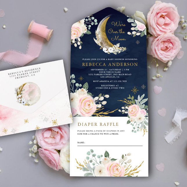 Navy Blue Blush Pink Floral Gold Moon Baby Shower All In One Invitation (Creator Uploaded)